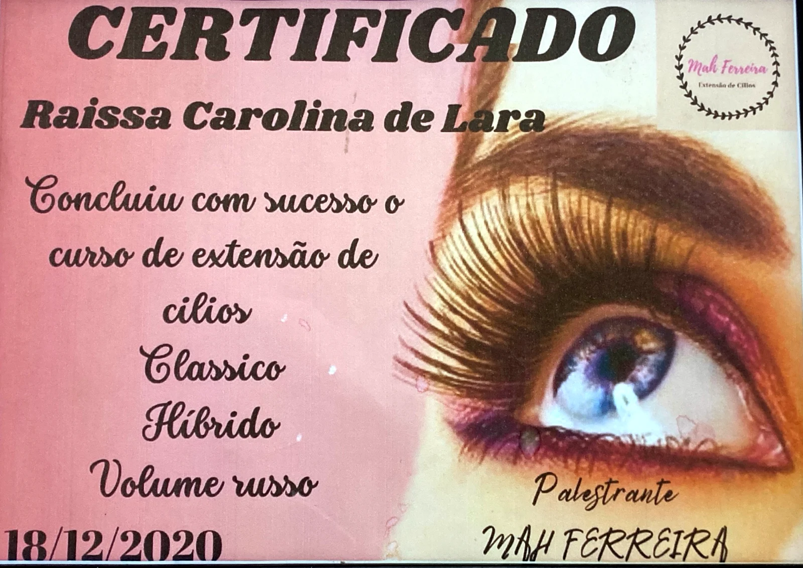 Certificado: Extensão de cílios: Clássico, Híbrido e Volume Russo